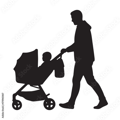 Man pushing a baby stroller in silhouette