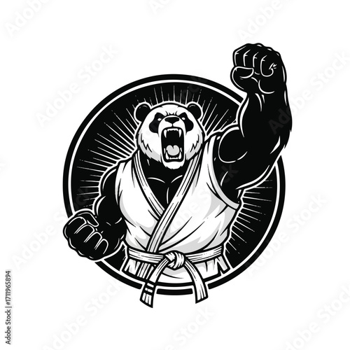 A muscular panda in a karate gi, roaring and striking a powerful pose within a circular emblem.