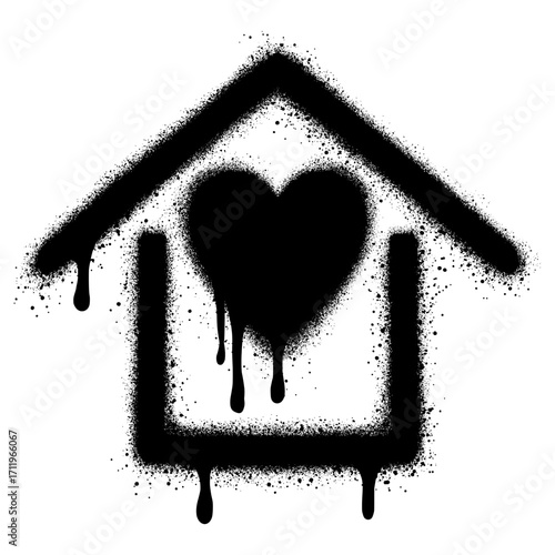 Home icon logo in graffiti style with a heart inside. vector illustration