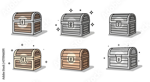 Collection of Treasure Chests in Various Styles and Colors, Hand-Drawn Illustrations.