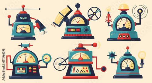 Collection of Whimsical Cartoon Machines with Gauges and Dials.