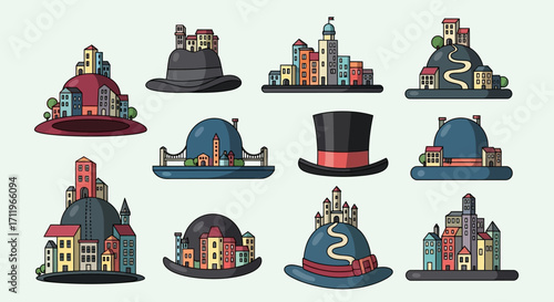 Collection of Whimsical Hats Topped with Miniature Cityscapes.