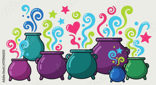 Colorful Cauldron Collection with Magical Swirls and Stars, Whimsical Witchcraft Illustration.