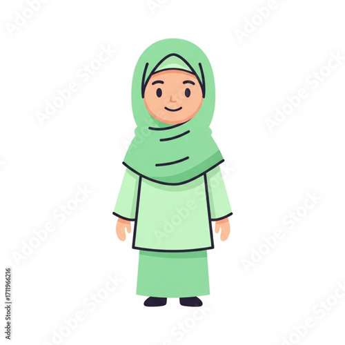Illustration of cute cartoon girl wearing a green hijab and dress