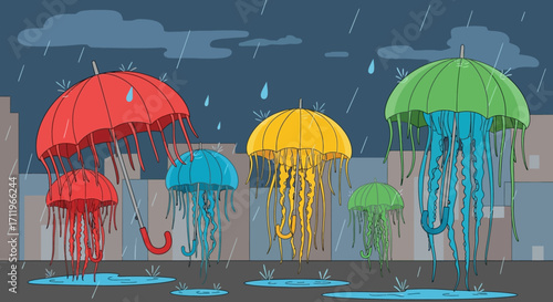 Colorful Jellyfish Umbrellas in the Rain - A Whimsical Cityscape.