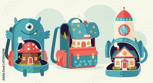 Colorful School Backpacks with Fantasy Houses and Rocket Designs.