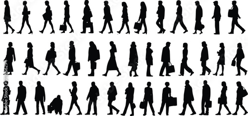 Silhouettes of business people walking, office workers, professional commute, urban lifestyle, business attire, corporate environment, briefcases, teamwork, businesswomen, businessmen
