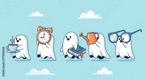 Cute Ghosts with Various Accessories in a Whimsical Cartoon Style.