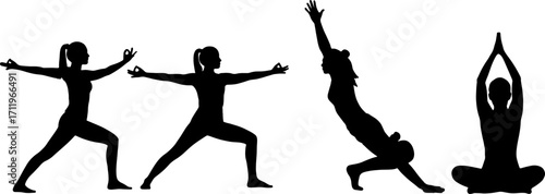 silhouette yoga postures in black shape monochrome color on white background