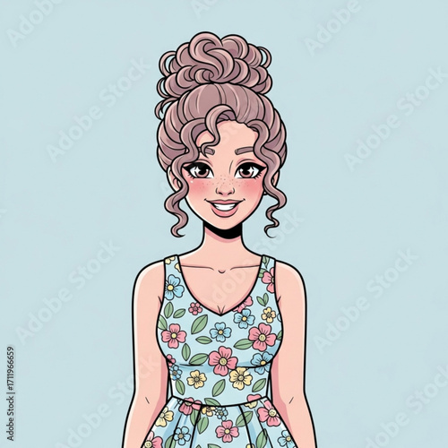 Illustration of young woman with curly hair in a bun wearing a floral dress