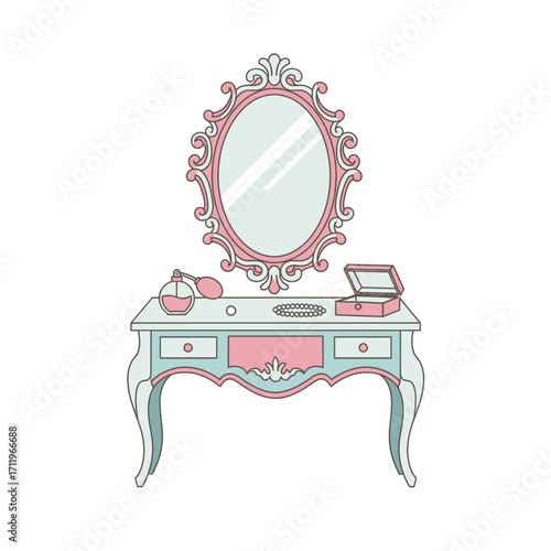 Elegant Vanity Table with Oval Mirror and Accessories Illustration.