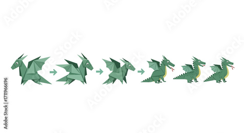 Evolution of a Green Origami Dragon, Step-by-Step Transformation.