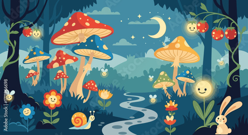 Enchanting Forest Scene with Glowing Mushrooms, Flowers, Snail, and Rabbit.