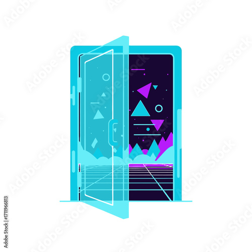 Futuristic Doorway to a Cyberpunk World with Geometric Shapes.