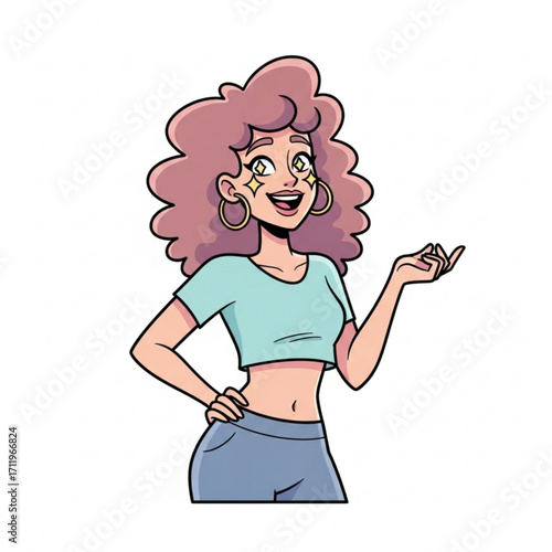 Illustration of young woman with curly hair and sparkling eyes