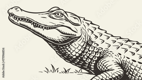 Close-up illustration of an alligators head and scales detailed drawing of reptile vintage style wildlife art.