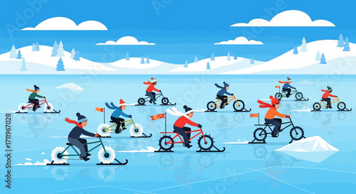 Group of People Ice Biking on a Frozen Lake in Winter.