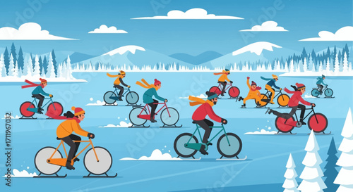 Group of People Ice Biking on a Frozen Lake in Winter.