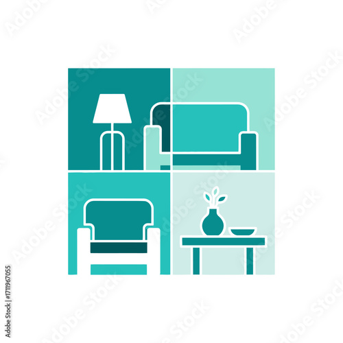 Interior Design Concept with Furniture Icons in Teal and White.