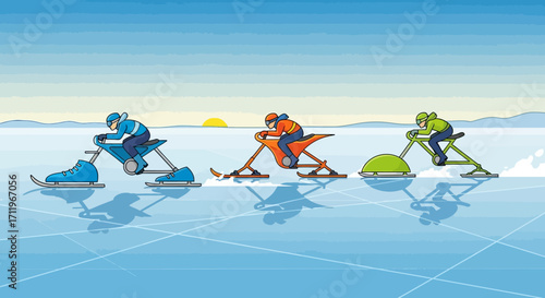 Ice bike racers speeding across a frozen lake in winter.