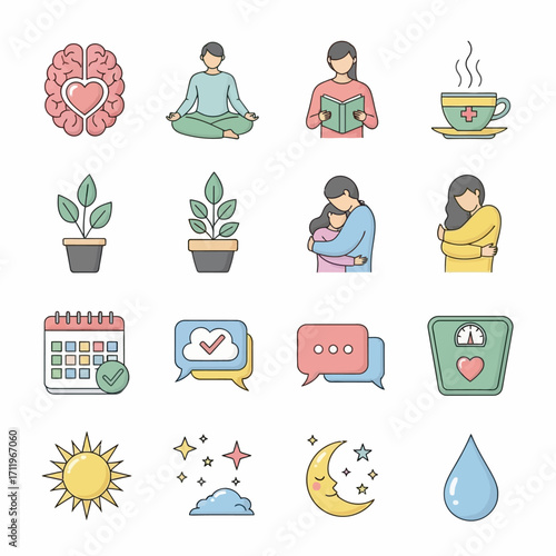 Icons representing mental and physical well-being and self-care practices.