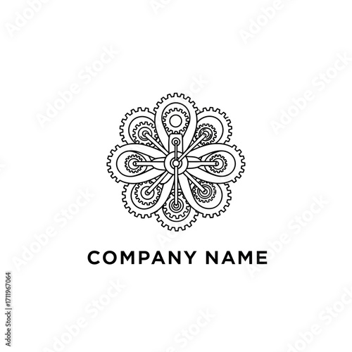 Intricate Gear Flower Logo Design with Mechanical Elements.