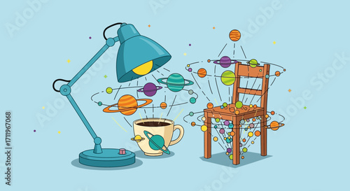 Illustration of a desk lamp, coffee cup, and chair surrounded by planets.
