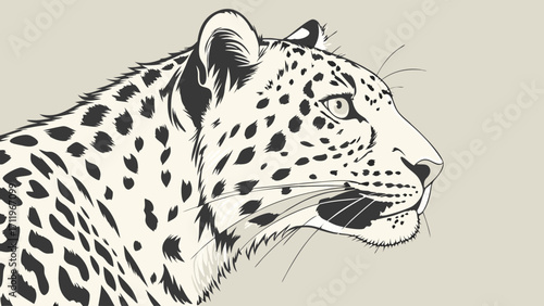 Elegant Big Cat Profile Wildlife Animal Portrait Spotted Fur Black and White Illustration Nature Design.