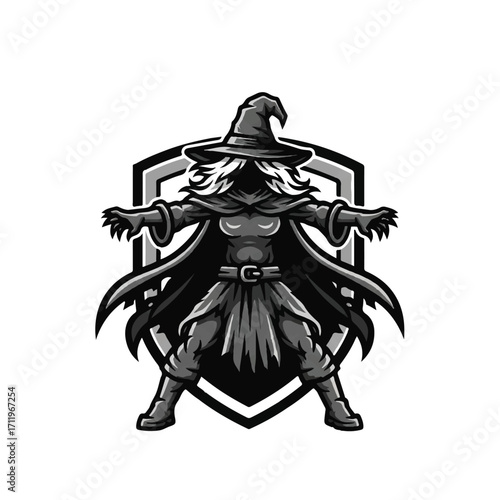 A grayscale illustration of a powerful witch, arms outstretched, within a shield emblem.