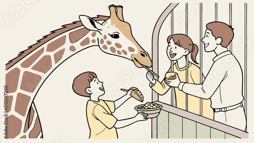Family feeding giraffe at zoo cute illustration childrens book animal encounter wildlife conservation African animal tall neck spotted pattern happy family family fun zoo visit feeding.
