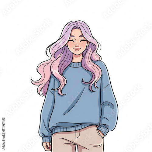 Illustration of young woman with long wavy pink hair wearing a blue sweater
