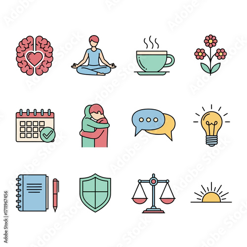 Mental Wellness Icons Set - Brain, Meditation, Coffee, Flowers, Calendar, Hug, Speech Bubbles, Lightbulb, Notebook, Shield, Scales, Sunrise.