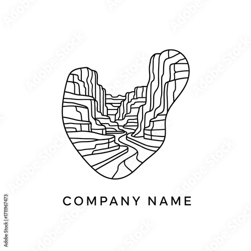 Monoline Grand Canyon Landscape Logo Design with River and Rock Formations.