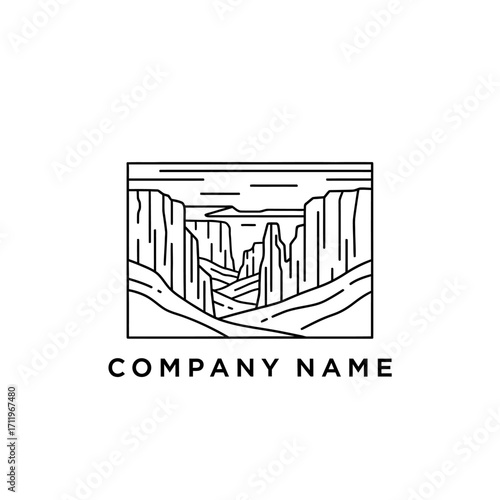 Monoline Canyon Landscape Logo Design with Rock Formations and Distant Horizon.