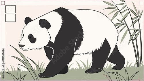 Giant Panda Walking in Bamboo Forest Wildlife Illustration Black and White Animal Art.