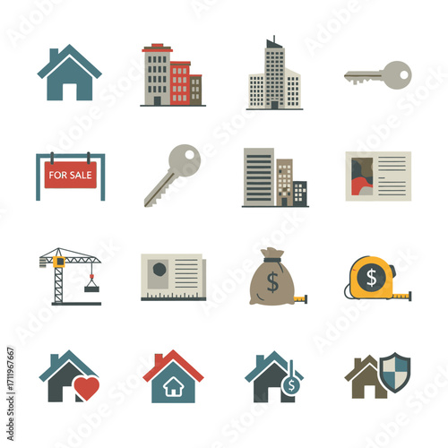 Real Estate and Property Icons Set - Buildings, Keys, and Finance.