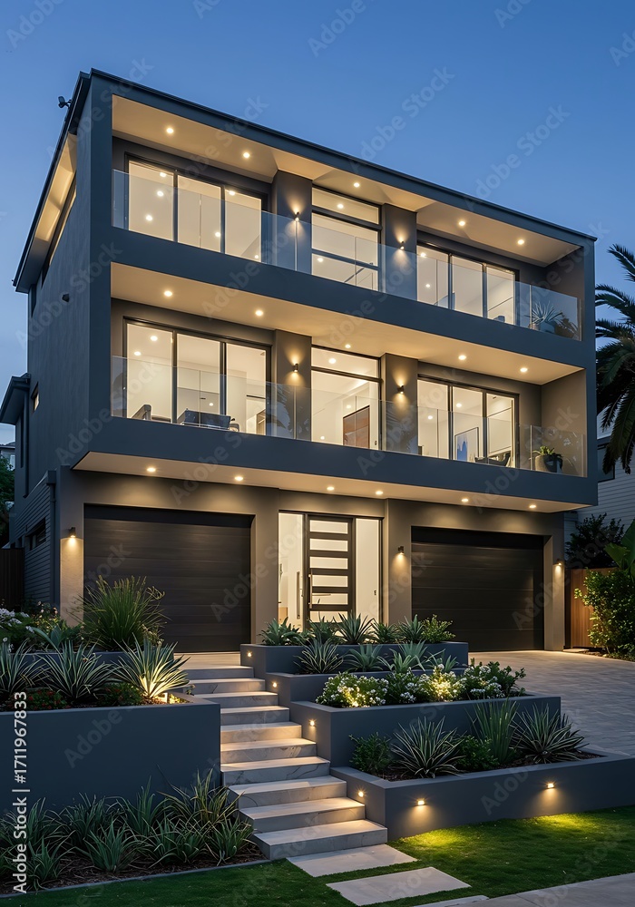 Fototapeta premium Modern three-story house with illuminated facade, multiple balconies, and landscaped garden at dusk, showcasing contemporary architectural design.