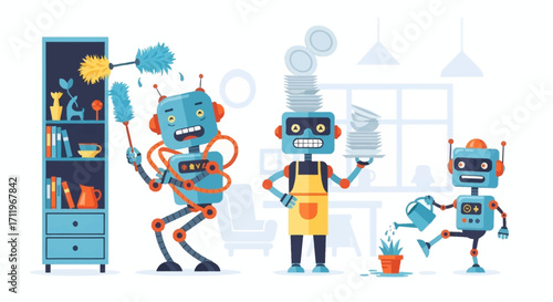 Robots Performing Household Chores - Cleaning, Dishwashing, and Plant Care.