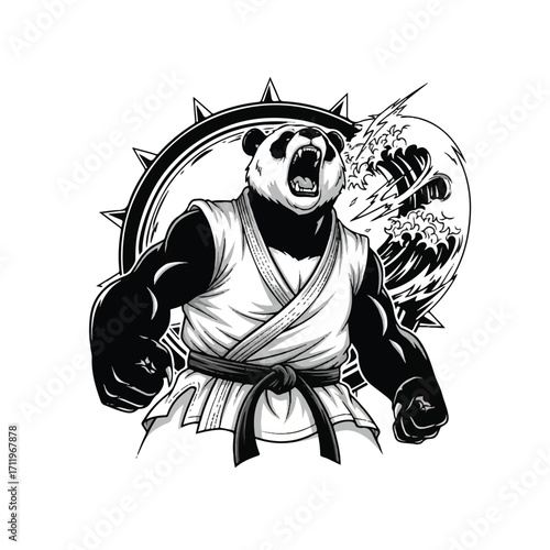 Powerful panda martial artist in a karate gi roaring with a dynamic wave and spiky background illustration.