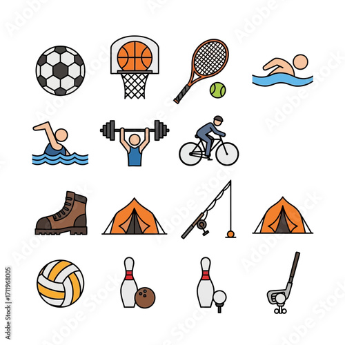 Sports and Outdoor Activities Icons - Soccer, Basketball, Tennis, Swimming, Cycling, Weightlifting, Hiking, Camping, Fishing, Bowling, Golf.