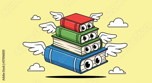Stack of Flying Books with Eyes and Wings Illustration.