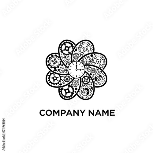 Steampunk Flower Clock Logo Design with Gears and Cogs.