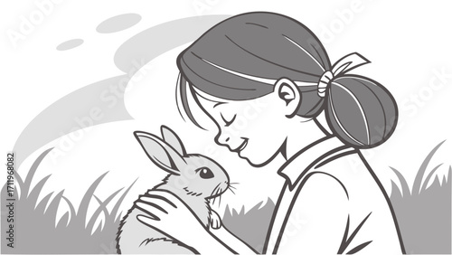Girl gently holding a pet rabbit outdoors black and white illustration childrens book animal lover pet care.