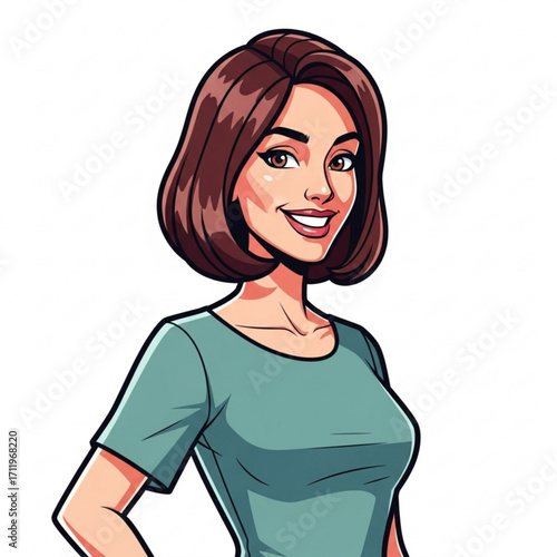 Illustration of cartoon woman with brown hair smiling