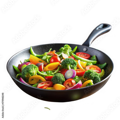 Freshly sautéed mixed vegetables in a black wok ready for healthy eating isolated on transparent background