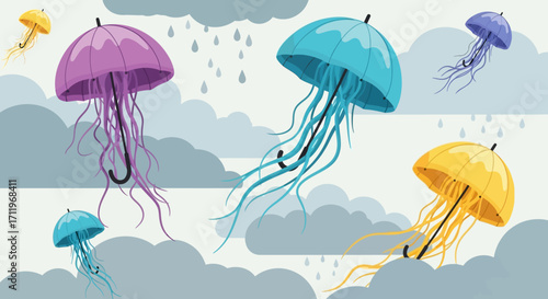 Umbrella Jellyfish Floating in the Sky with Clouds and Rain.