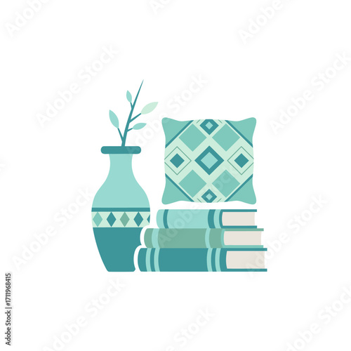 Vase with Plant, Books, and Pillow Still Life Illustration.