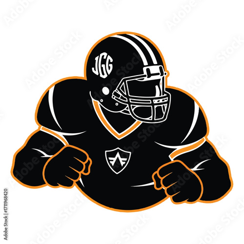 A black and orange American football player mascot with the letters JGG on its helmet.