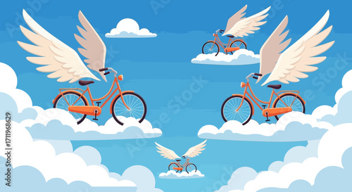 Whimsical Bicycles with Wings Soaring Through a Dreamy Sky.