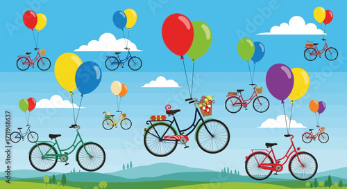 Whimsical Bicycle Ride with Colorful Balloons in a Dreamy Landscape.